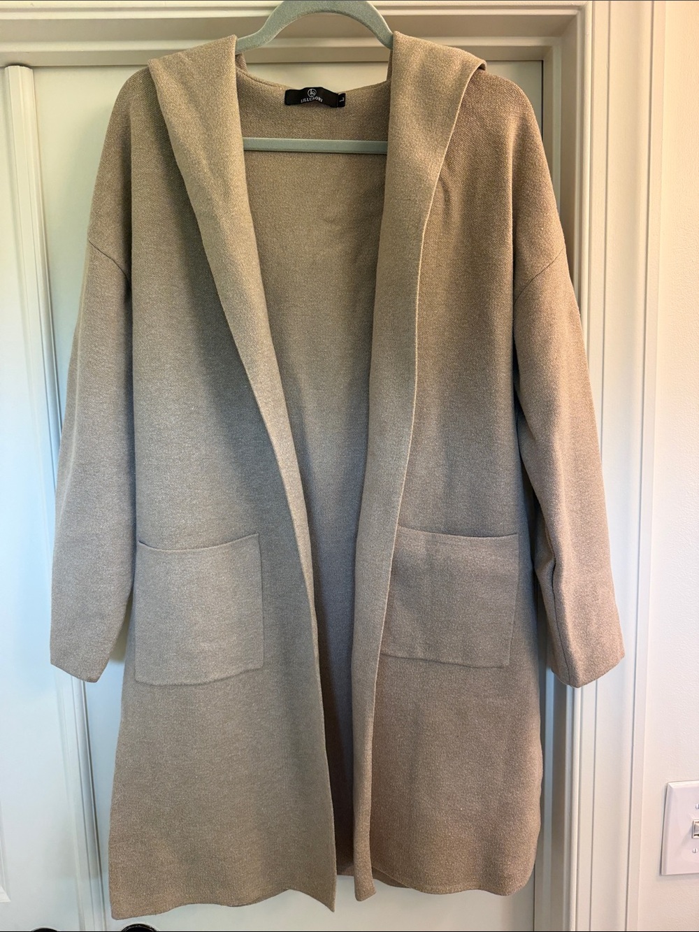 Light Taupe Open-Front Hooded, Long Cardigan Sweater
